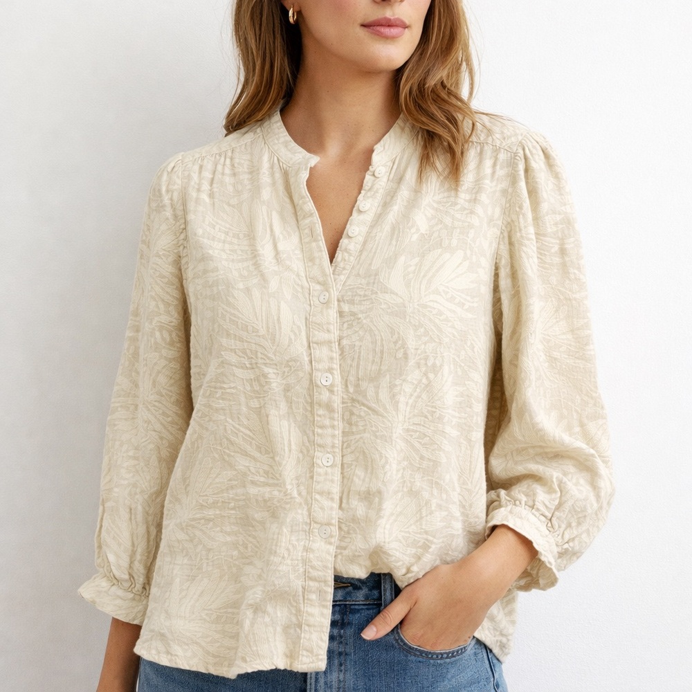 Ivy Jane XS ivory cotton boho blouse | textured leaf print puff sleeve top